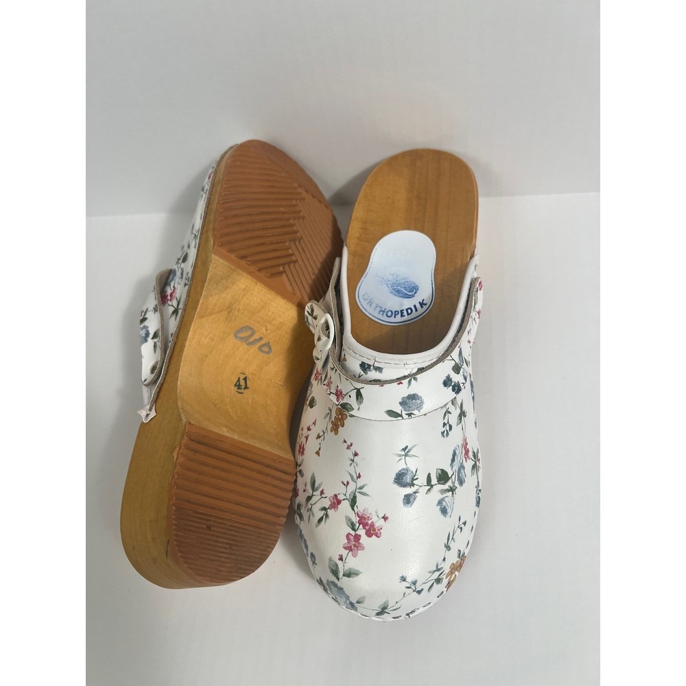 Orthopedik Floral Leather Clogs Womens 41‎ White Wood Sole Cottagecore Mules - Picture 4 of 10